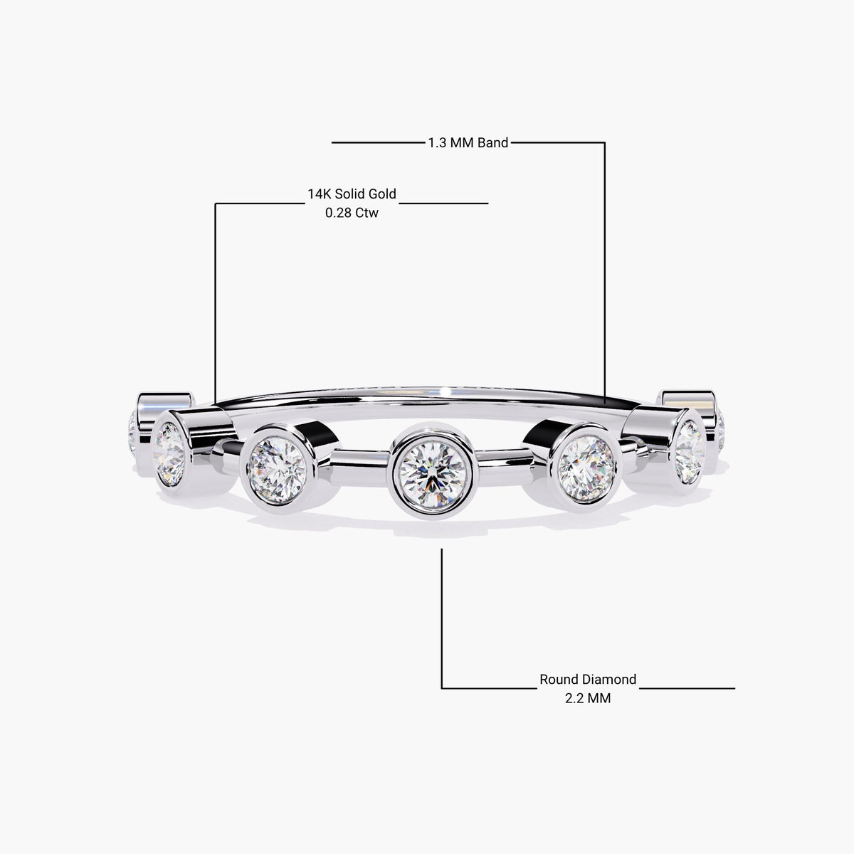 "A white gold stacking ring featuring seven bezel-set round diamonds, each measuring 2.2mm. The diamonds are evenly spaced along a sleek 1.3mm band, offering a modern, minimalist design. The total carat weight of the diamonds is 0.28 ctw. The polished band and bezel settings enhance the sparkle of the diamonds, making this a perfect piece for stacking or wearing alone, with a refined and elegant aesthetic.