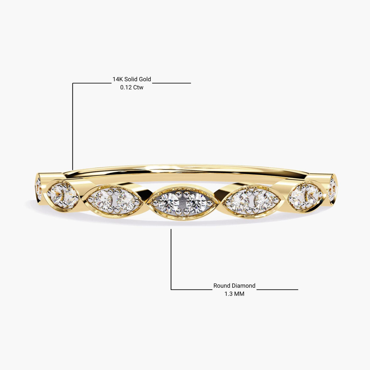 A yellow gold ring featuring marquise-shaped settings with round diamonds, set in a bezel design. The total carat weight is 0.12 ctw, with each round diamond measuring 1.3mm. The sleek band is made of 14K solid gold, offering a modern, minimalist design with an elegant arrangement of diamonds. This piece is perfect for wearing as a stackable band or as a standalone accent, combining timeless beauty with a contemporary aesthetic.