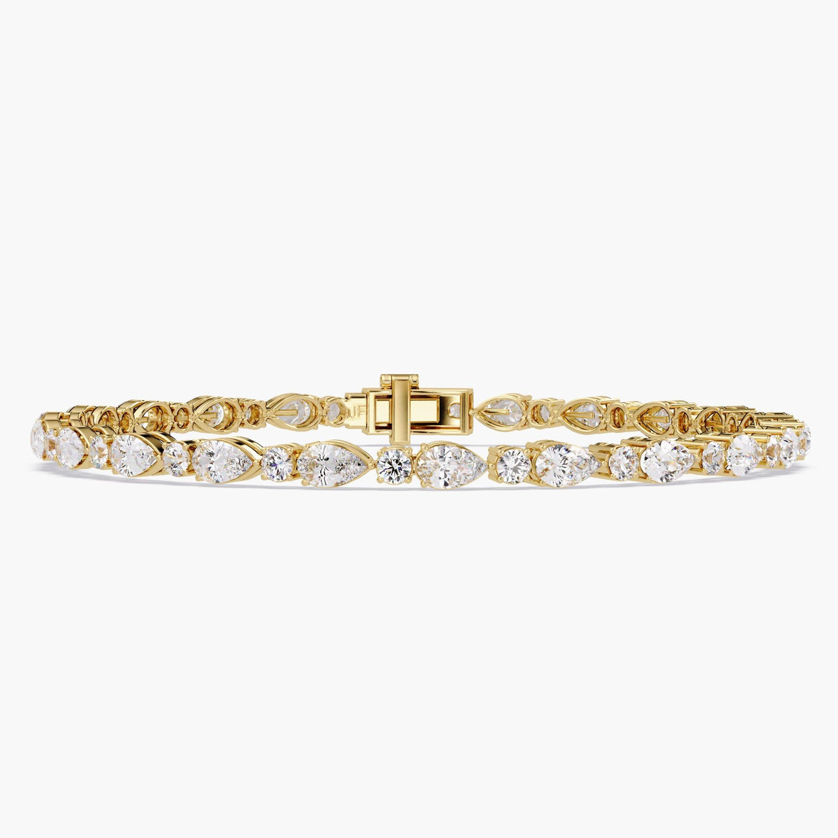 14k yellow gold tennis bracelet featuring pear and round lab-grown diamonds in prong settings, shown flat with secure clasp centered, highlighting brilliance and symmetry.