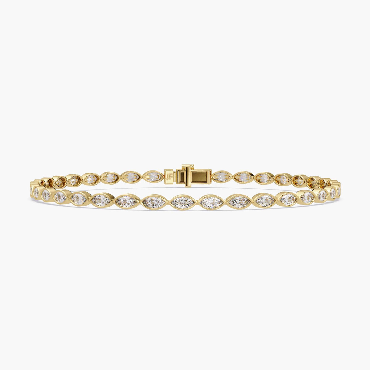 A 14k yellow gold tennis bracelet featuring east-west set marquise-cut lab grown diamonds in bezel settings. The bracelet is shown laid flat with a secure box clasp at the center, highlighting the uniform sparkle of the diamonds.