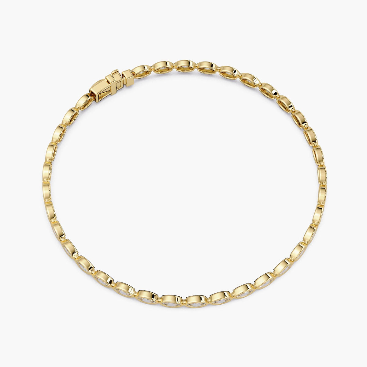 Top view of a 14k yellow gold tennis bracelet with east-west bezel set marquise lab grown diamonds. The bracelet is shown in a closed circular form with a box clasp and safety latch visible at the top.