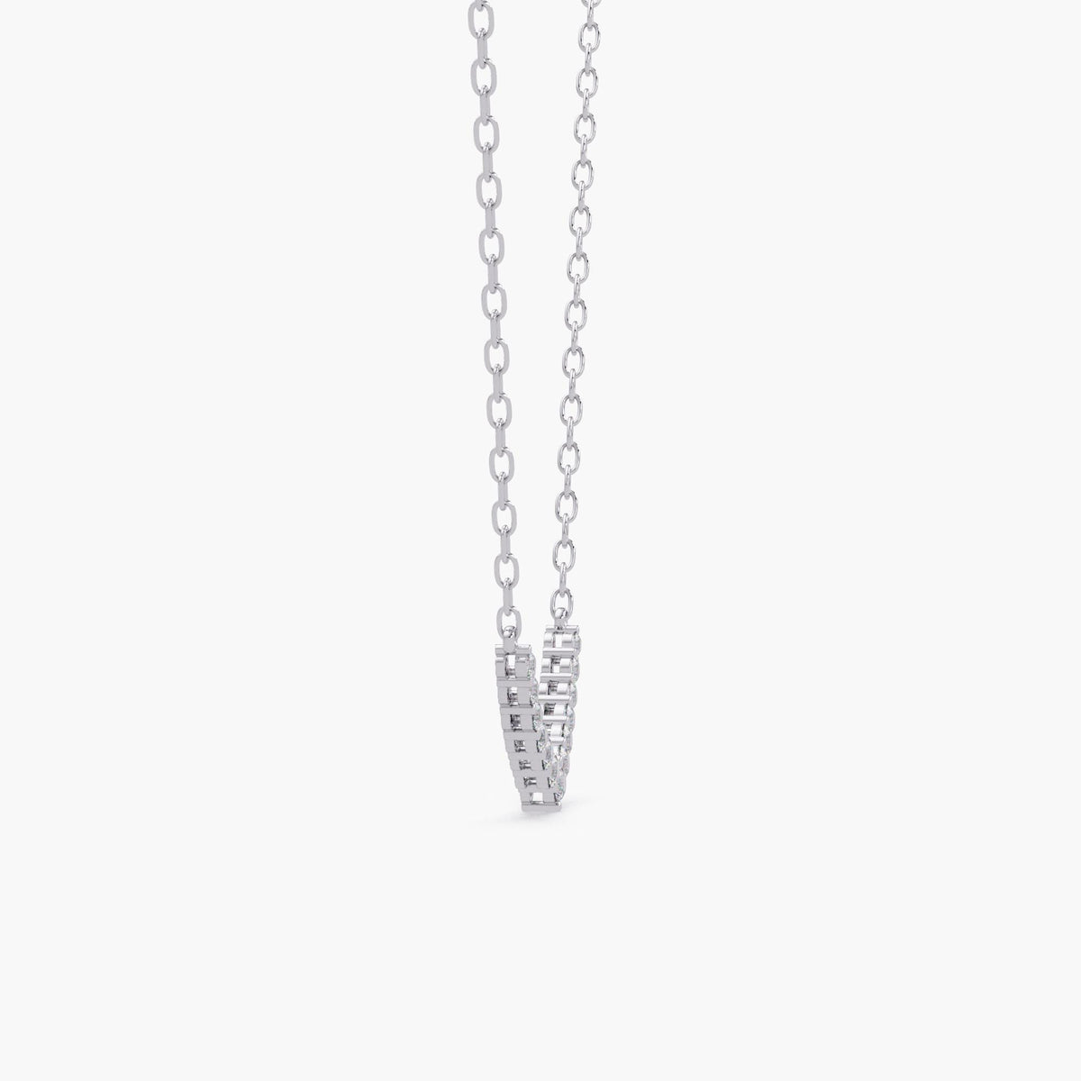 14k white gold V-shaped chevron necklace with round lab grown diamonds set in a curved bar pattern. The necklace features a delicate gold chain and a symmetrical diamond layout, forming a soft point at the center.