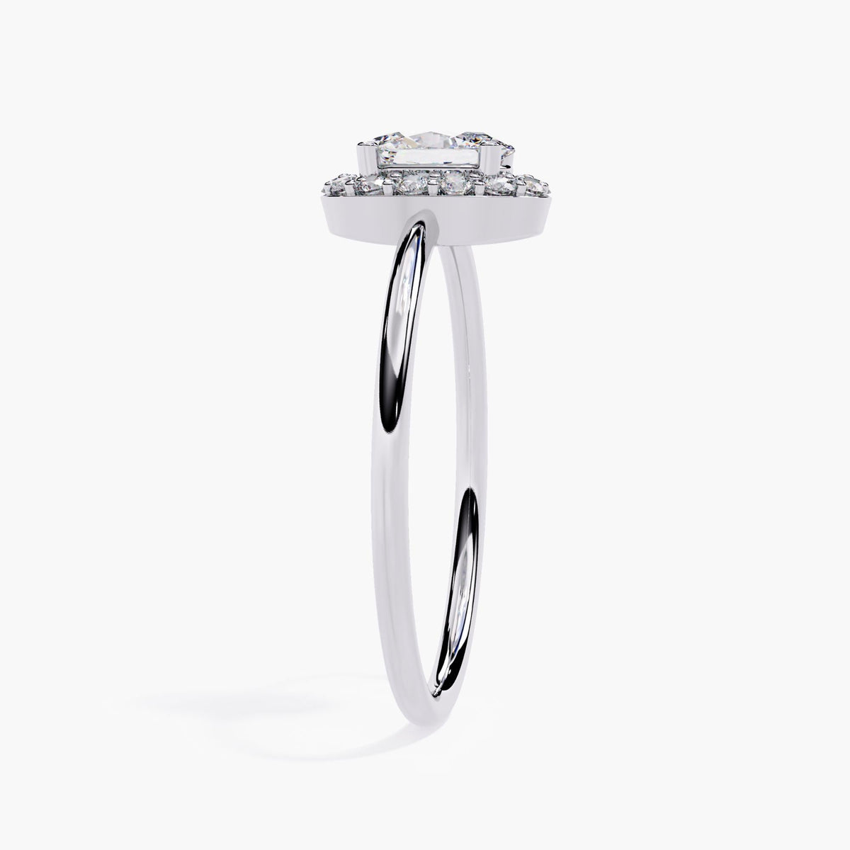 14k white gold oval halo engagement ring, highlighting the raised setting with a 0.35 ct center oval lab diamond and surrounding halo. The slim polished band creates a delicate silhouette.