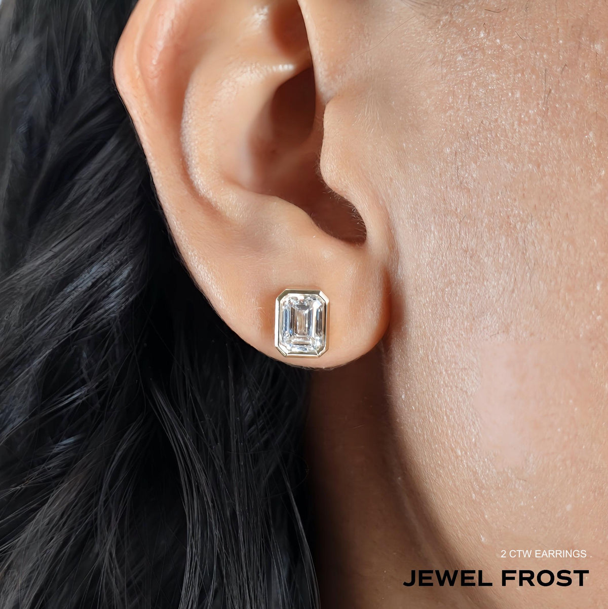 0.50-2 Ctw Emerald Cut Lab Grown Diamond Stud Earring, 14k Gold Bezel Setting Solitaire Emerald Diamond Studs, Minimalist Dainty Studs