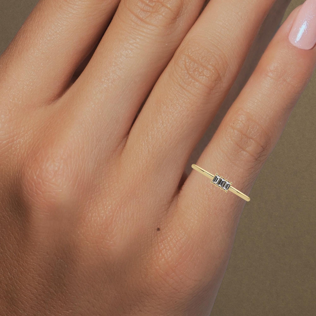 Ring on Handmodel Baguette Diamond Bar Ring in 14K Gold, Minimalist Stackable Ring, Modern Baguette Ring, Dainty Everyday Diamond Band