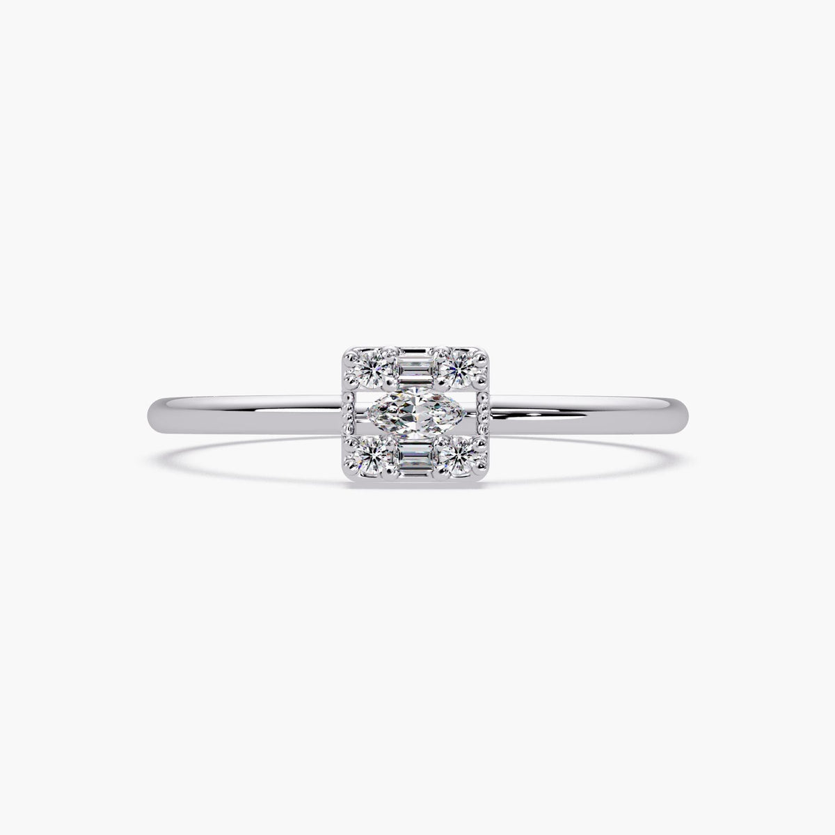 14k white gold ring with a marquise and round diamond cluster, front view.