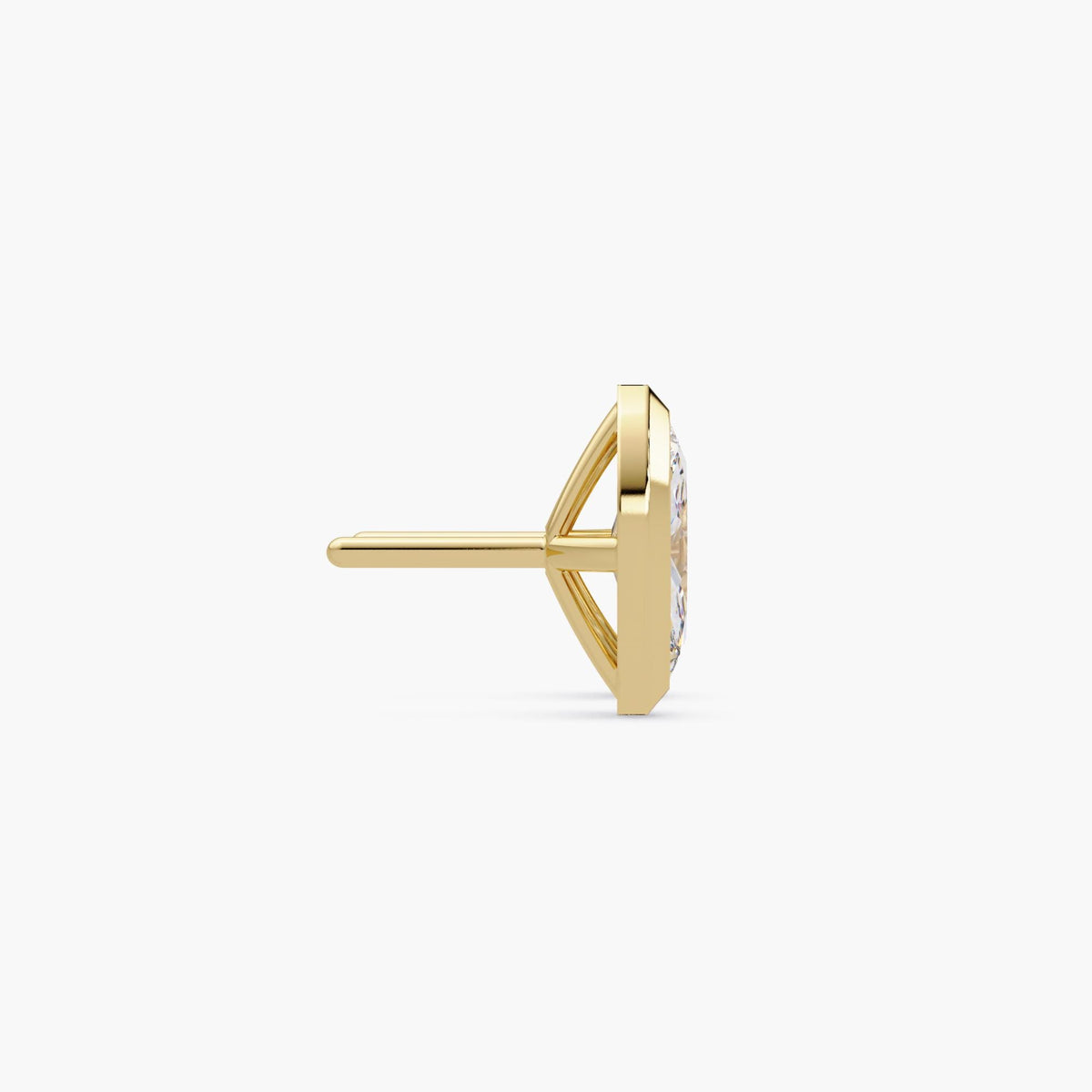 Side view of a marquise cut lab grown diamond stud earring set in 14k yellow gold with a bezel setting. The post and pushback closure are visible, and the open gallery allows light to pass through the diamond, showing its depth and structure.