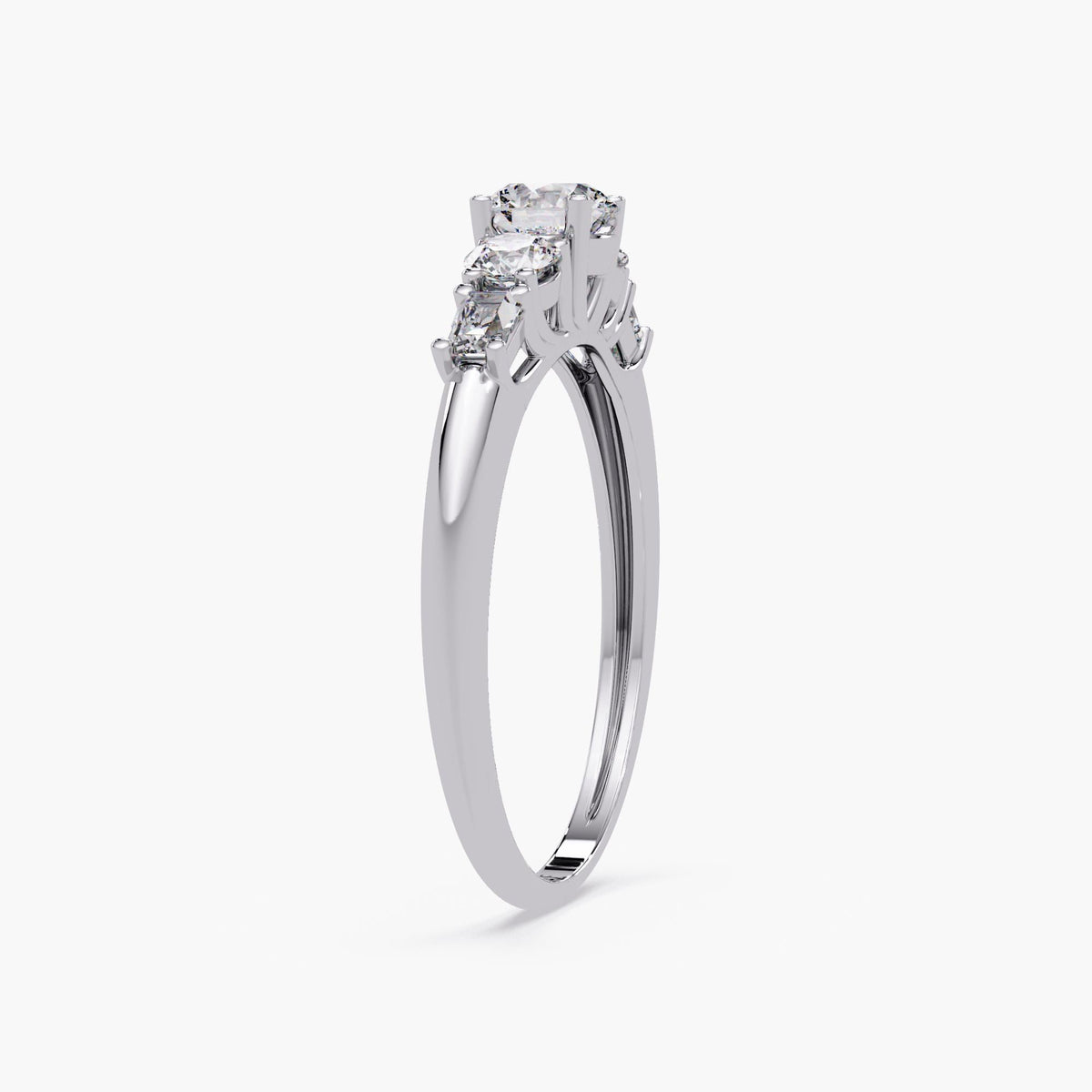 14k white gold five-stone diamond ring with a trellis-style prong setting