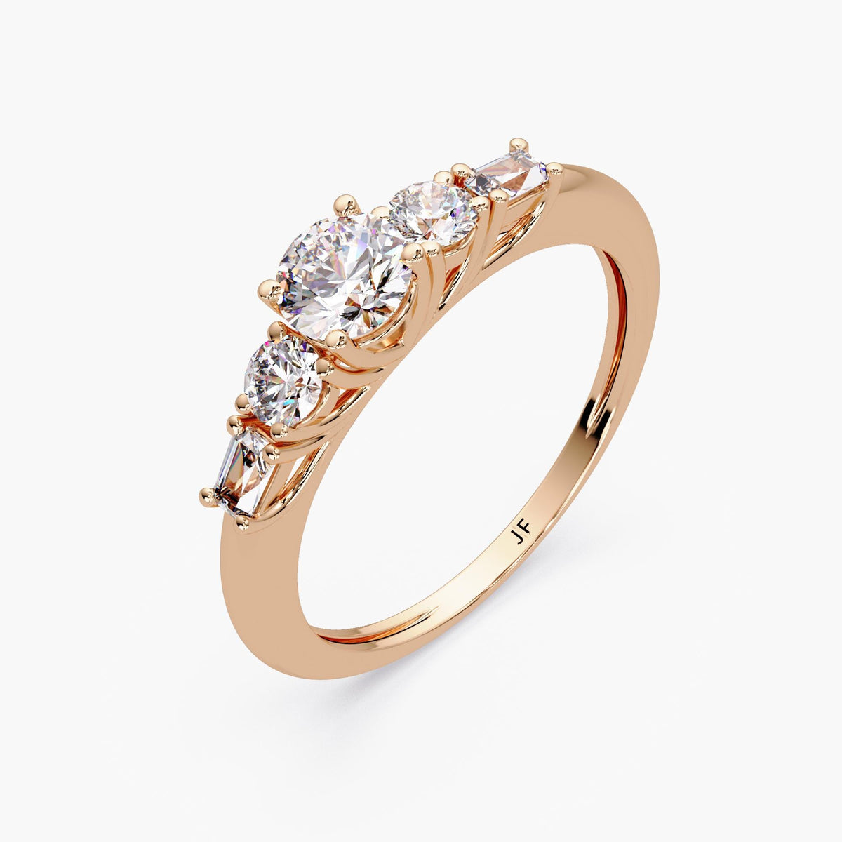 14k rose gold five-stone lab diamond ring with a trellis-style prong setting