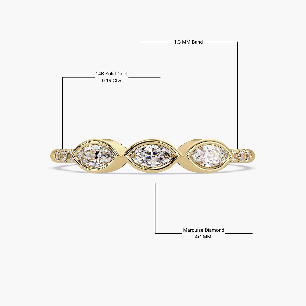 14K yellow gold band featuring three marquise diamonds (4x2 mm each) set in bezel settings, with small round diamonds on the sides of the band, total weight 0.19 Ctw, 1.3 mm band width.