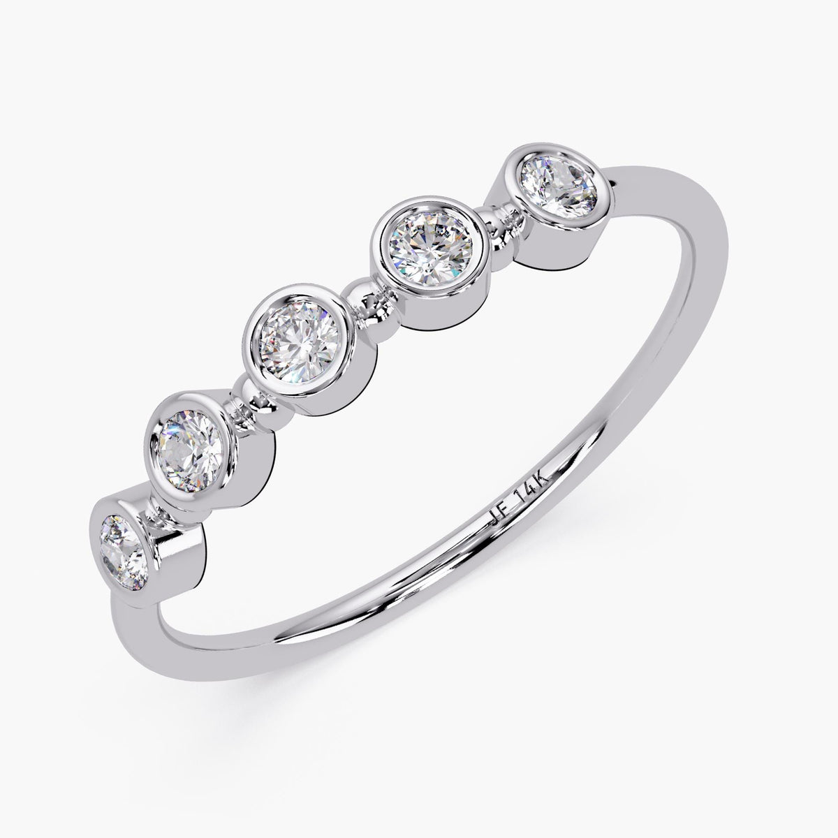 A 14K white gold band featuring five bezel-set round diamonds. The diamonds are arranged evenly along the band