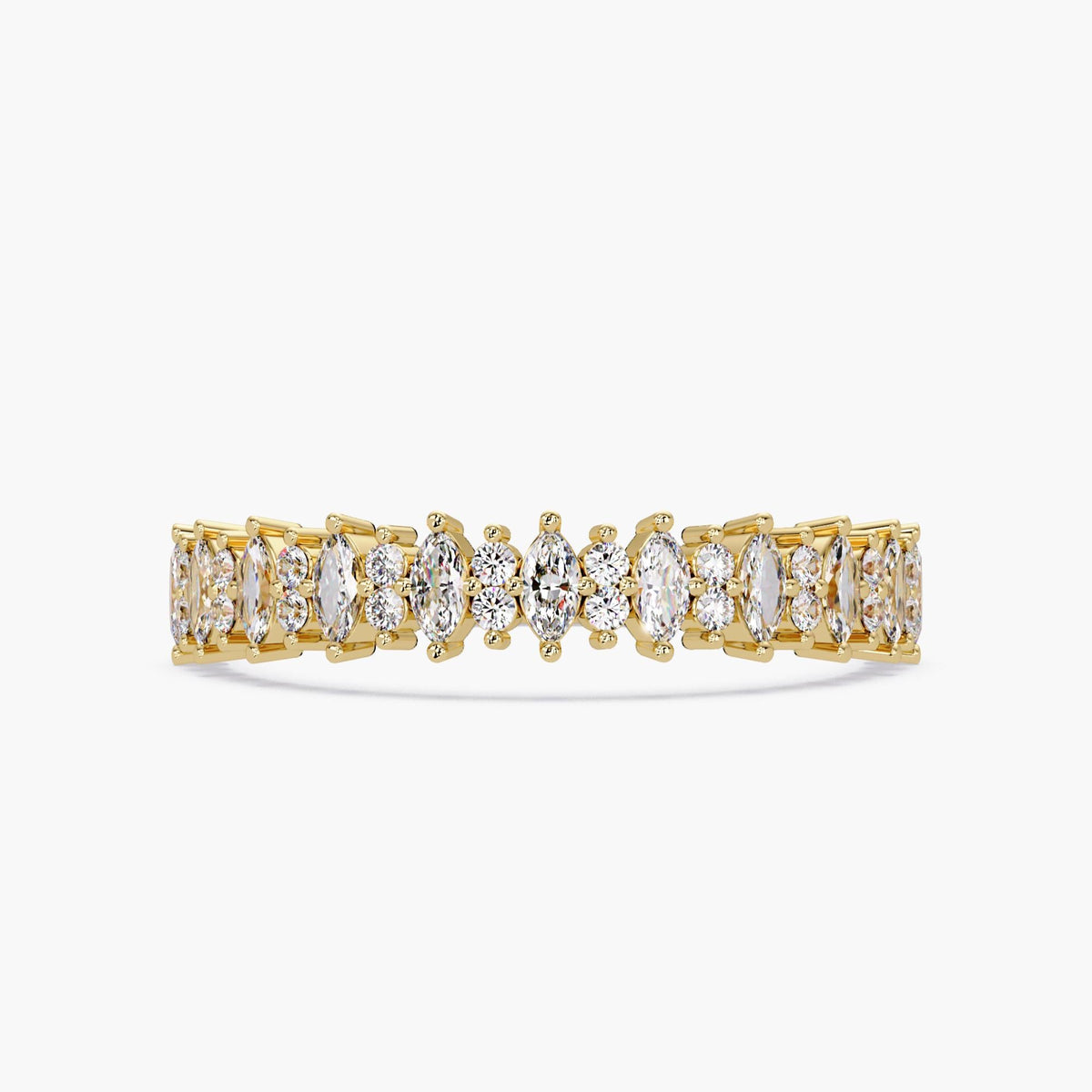 A 14K yellow gold ring featuring an alternating pattern of marquise and round diamonds, set in a symmetrical design. Its a half eternity ring where the marquise diamonds are vertically set followed by 2 round diamonds.