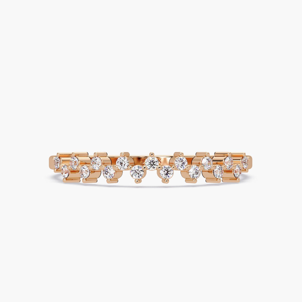 Front view of a 14K rose gold zig zag ring featuring round diamonds set in a wavy, symmetrical pattern across the band. The open setting highlights each diamond individually, with a polished rose gold finish.