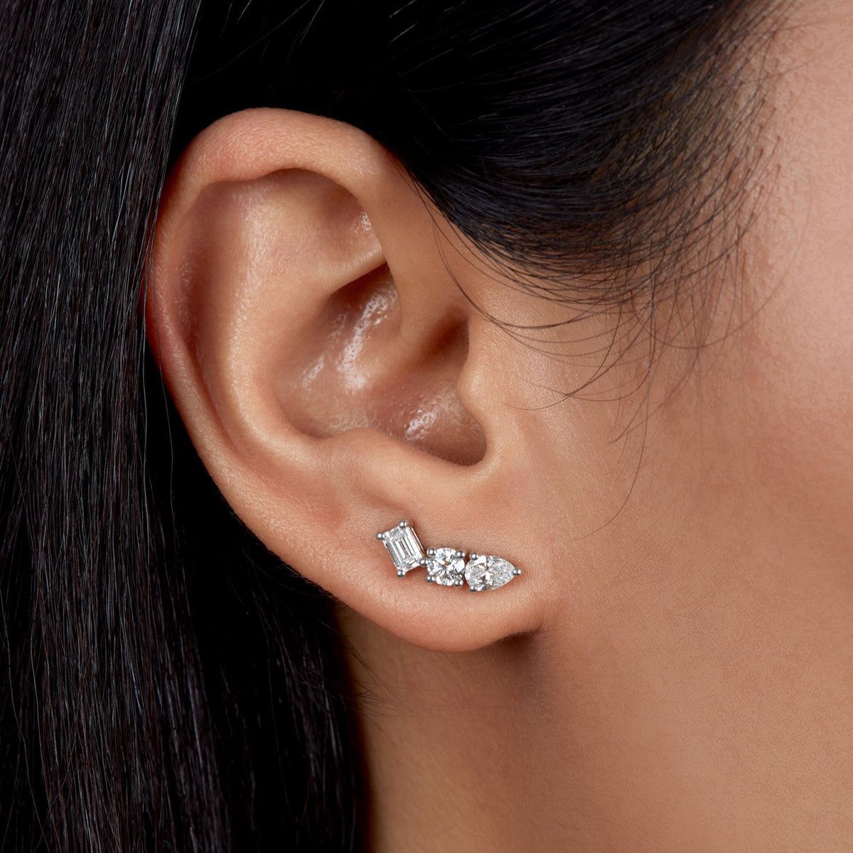 14k Gold Diamond Trio Stud Earrings: 1 Ct Curved Cluster Design
