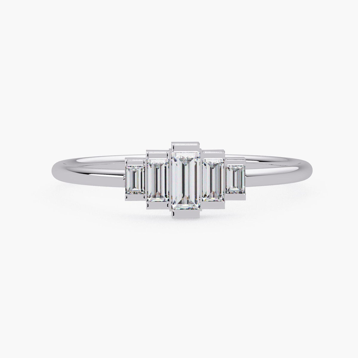Front view of a 14k white gold baguette diamond ring featuring five lab grown diamonds in a stepped half bezel setting with a slim, polished band.