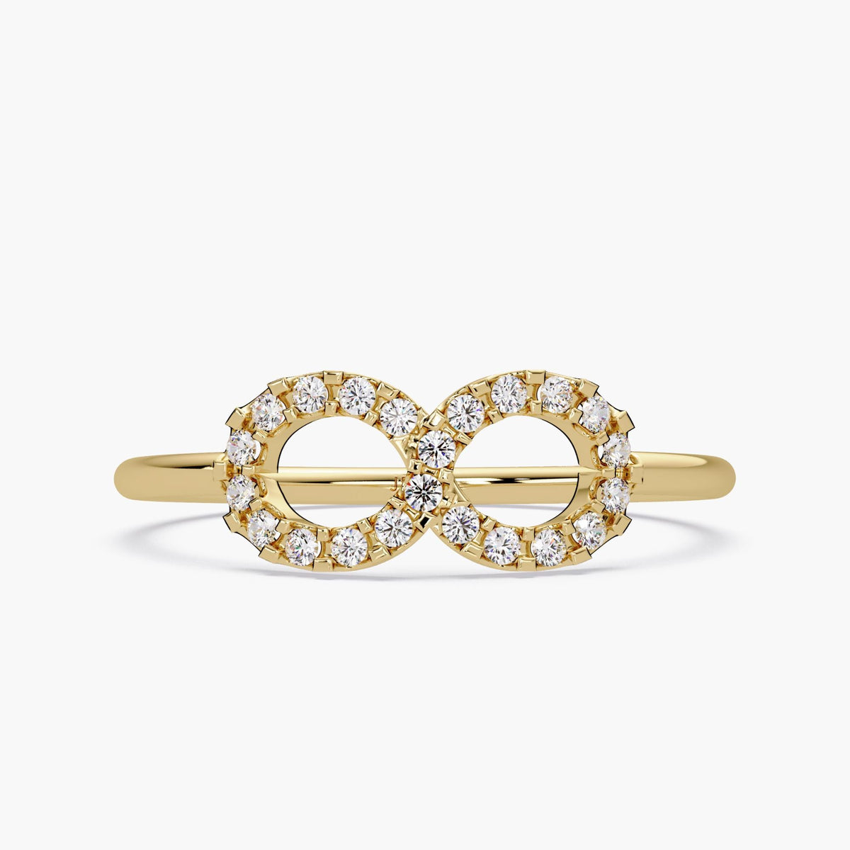 Front view of a 14k yellow gold infinity ring featuring 22 round lab grown diamonds in a pavé setting, forming a double-circle infinity symbol on a polished band.