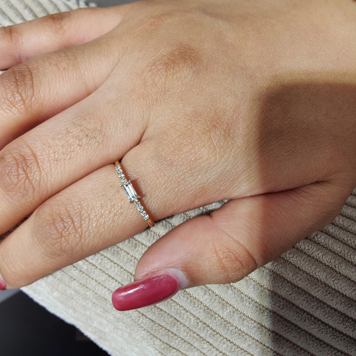 Dainty 14k Gold Baguette Lab Diamond Ring: 0.15Ct Minimalist Stacking Ring