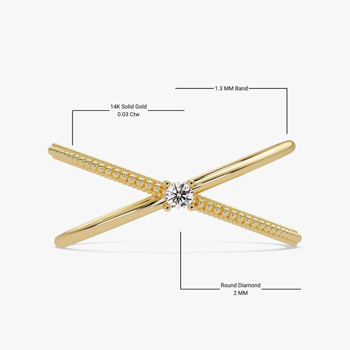 14k solid gold criss cross ring featuring a round natural diamond at the center, with one polished band crossing over a beaded gold band in an X-ring design.