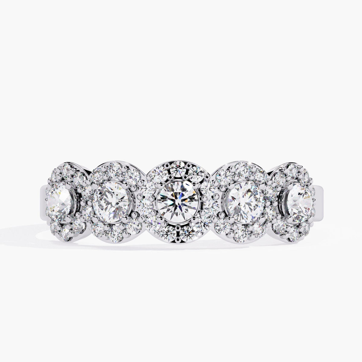 Front view of a 14k white gold band with five round lab-grown diamonds, each surrounded by a halo of smaller diamonds. The crisp, high-shine finish and bold layout give the ring a sculpted, elegant look, perfect as a wedding band or special occasion statement piece.