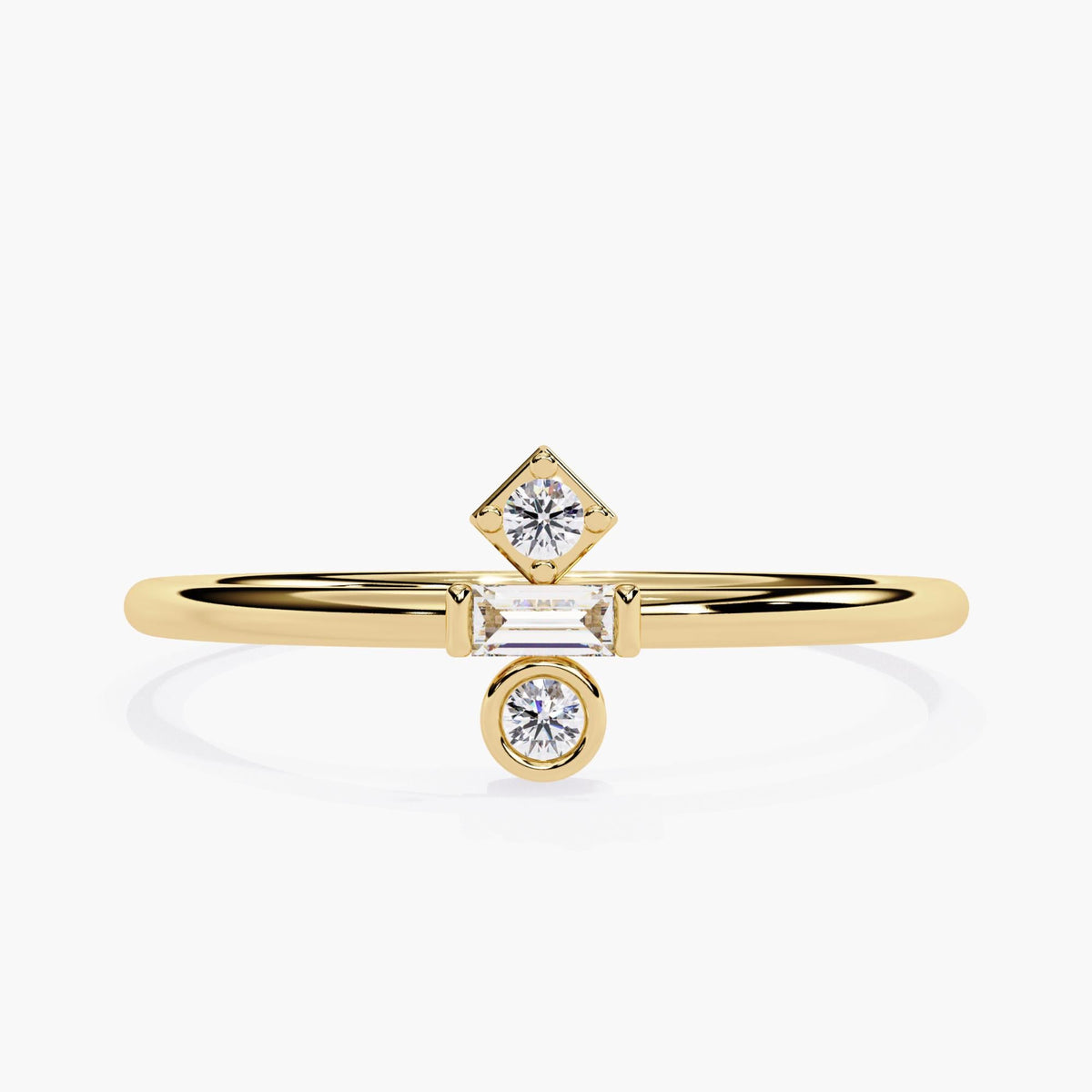 Front view of a 14k yellow gold ring featuring three lab-grown diamonds in a geometric layout—one square-set round diamond, a horizontal baguette, and a bezel-set round diamond below. The sleek, open arrangement gives the ring a sculptural, artistic look, ideal for stacking with other minimal bands or wearing solo as a design-forward everyday piece.