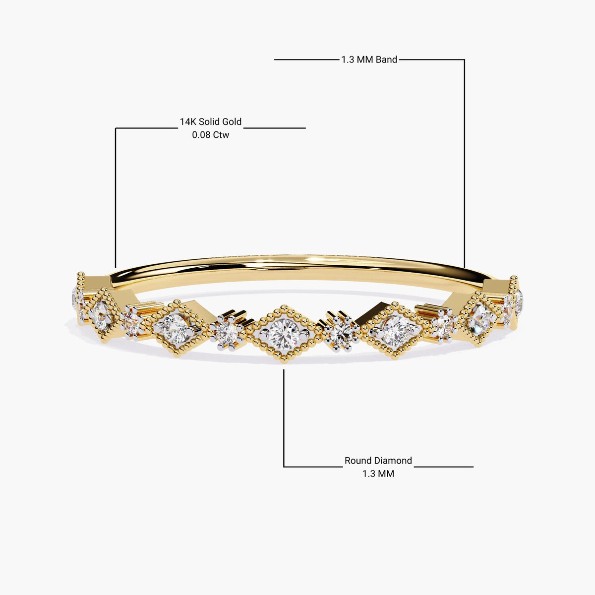 Labeled diagram of a 14k solid gold Art Deco diamond ring with 0.08 carat lab-grown round diamonds in prong and milgrain settings. The band measures 1.3 mm wide, and each diamond is approximately 1.3 mm in size.