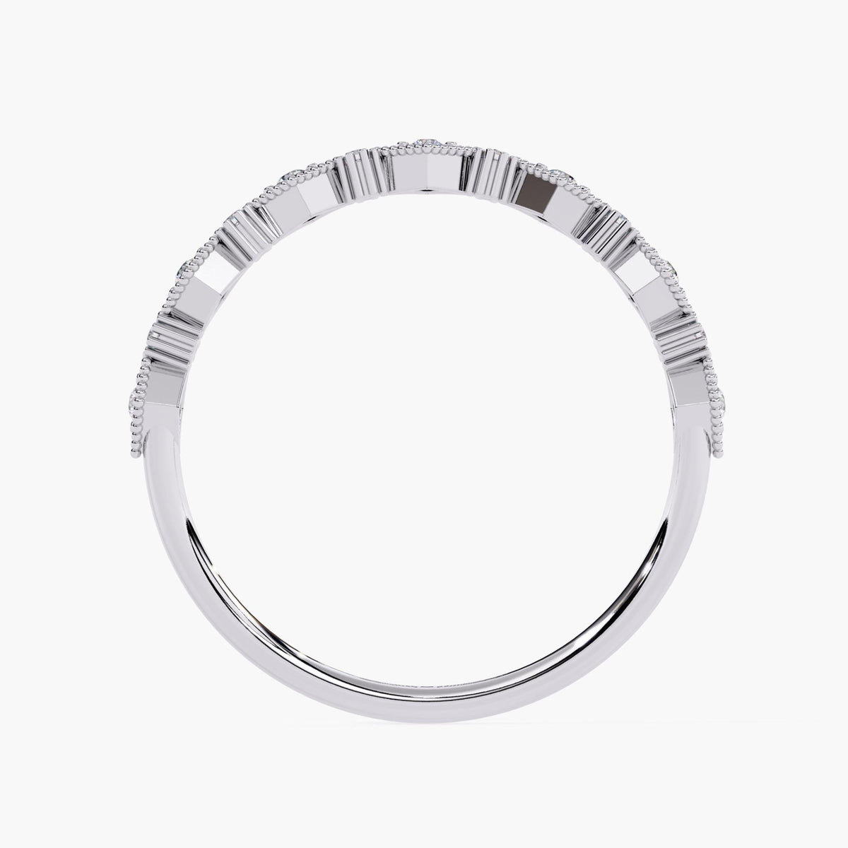 Back view of a 14k white gold Art Deco diamond ring showing the open gallery work and smooth curved band. The underside reveals structured settings that allow light to pass through the lab-grown diamonds for added brilliance.