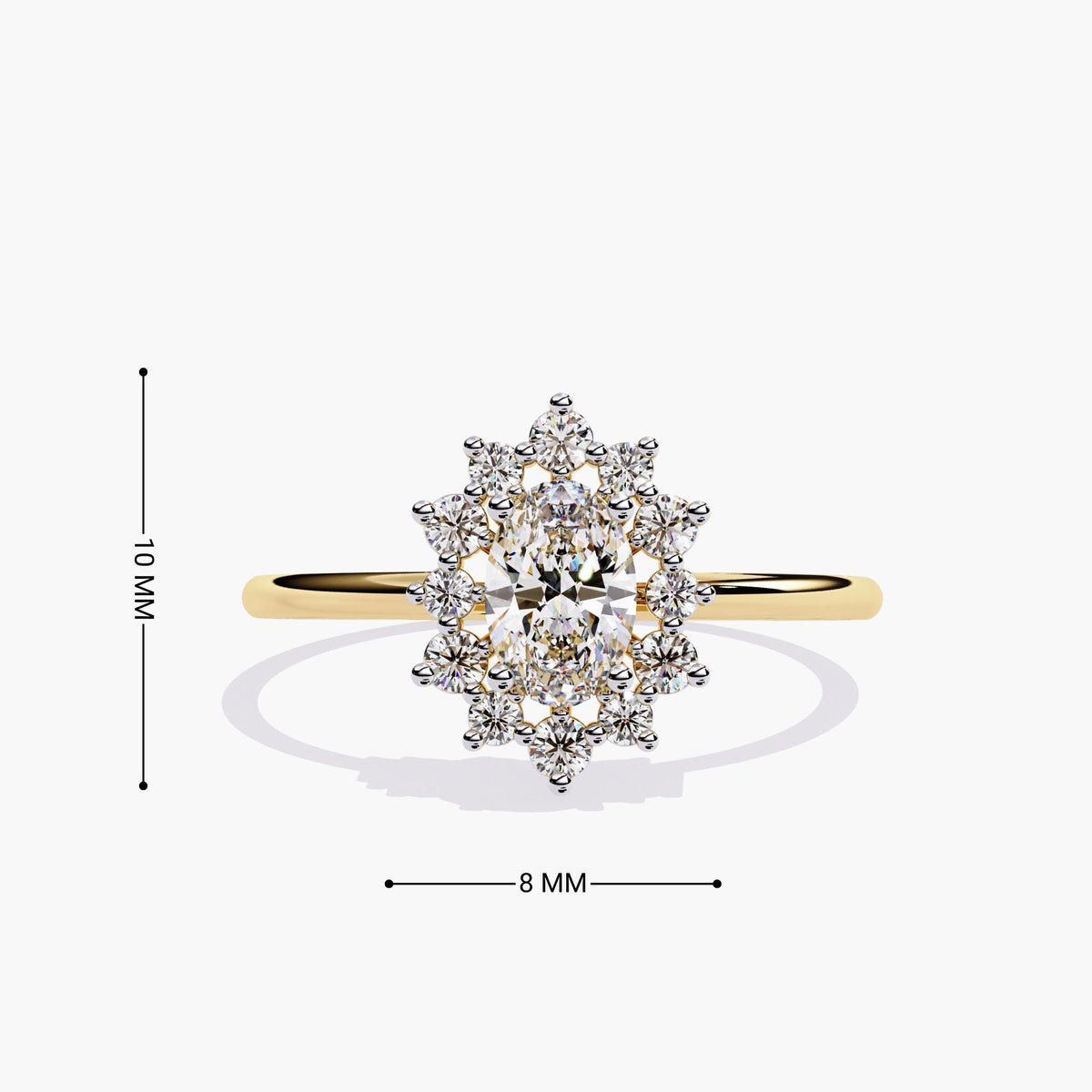 14K yellow gold oval halo ring with labeled dimensions. The floral starburst setting measures approximately 10mm tall and 8mm wide, featuring a 0.35 carat lab-grown center diamond.