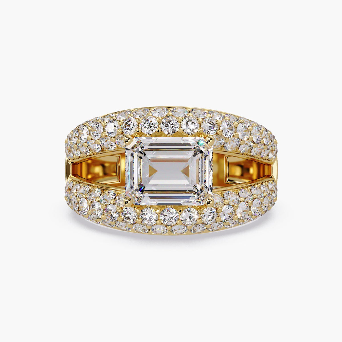 Dome Statement Ring, Emerald Lab Grown Diamond East West Statement Ring, 14K Gold Pave Dome Ring Chunky East West Ring Birthday Gift for Her