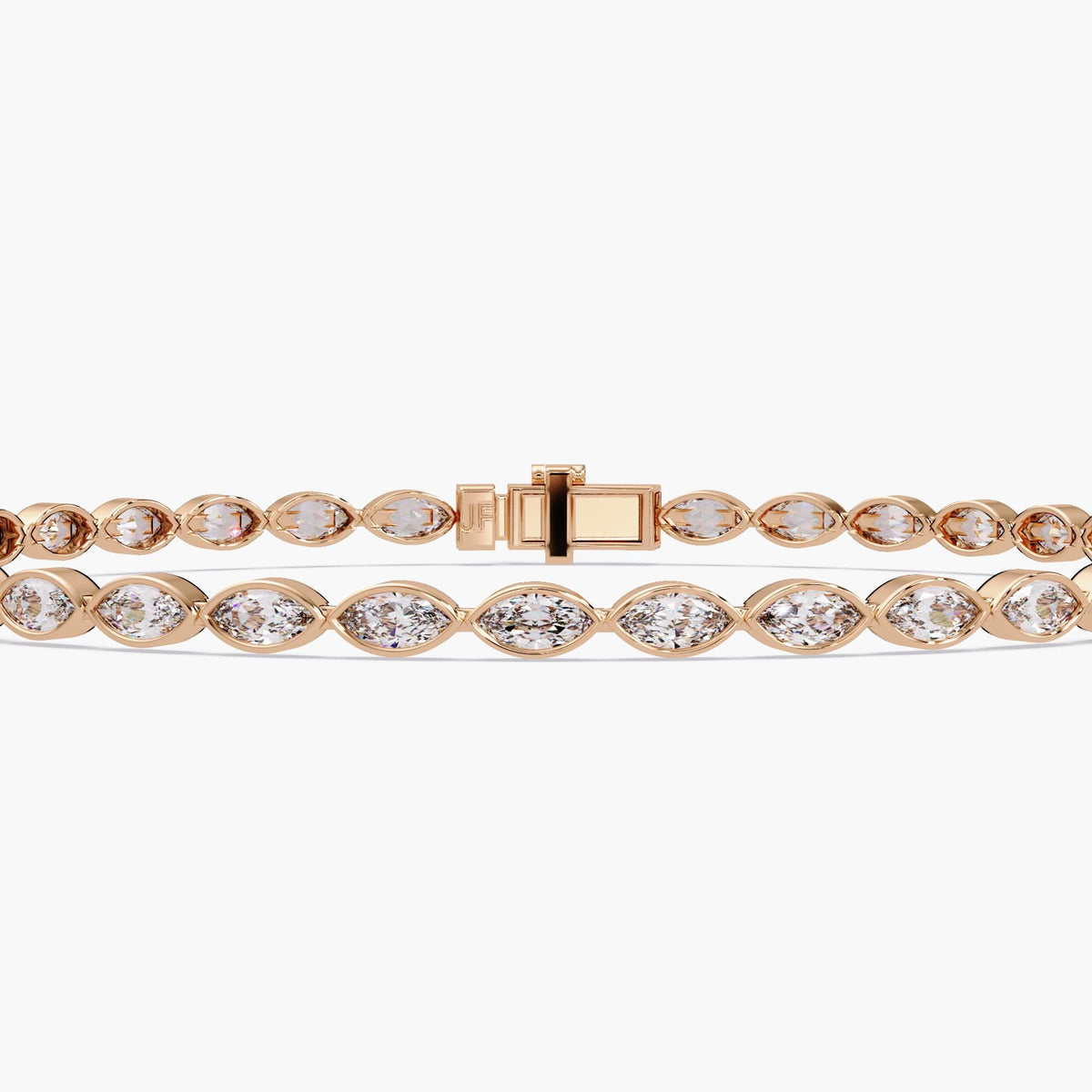 A 14k rose gold tennis bracelet featuring east-west bezel set marquise-cut lab grown diamonds, arranged in a continuous row with a box clasp at the center. Designed to complement romantic and warm-toned looks, ideal for both gifting and everyday sophistication.