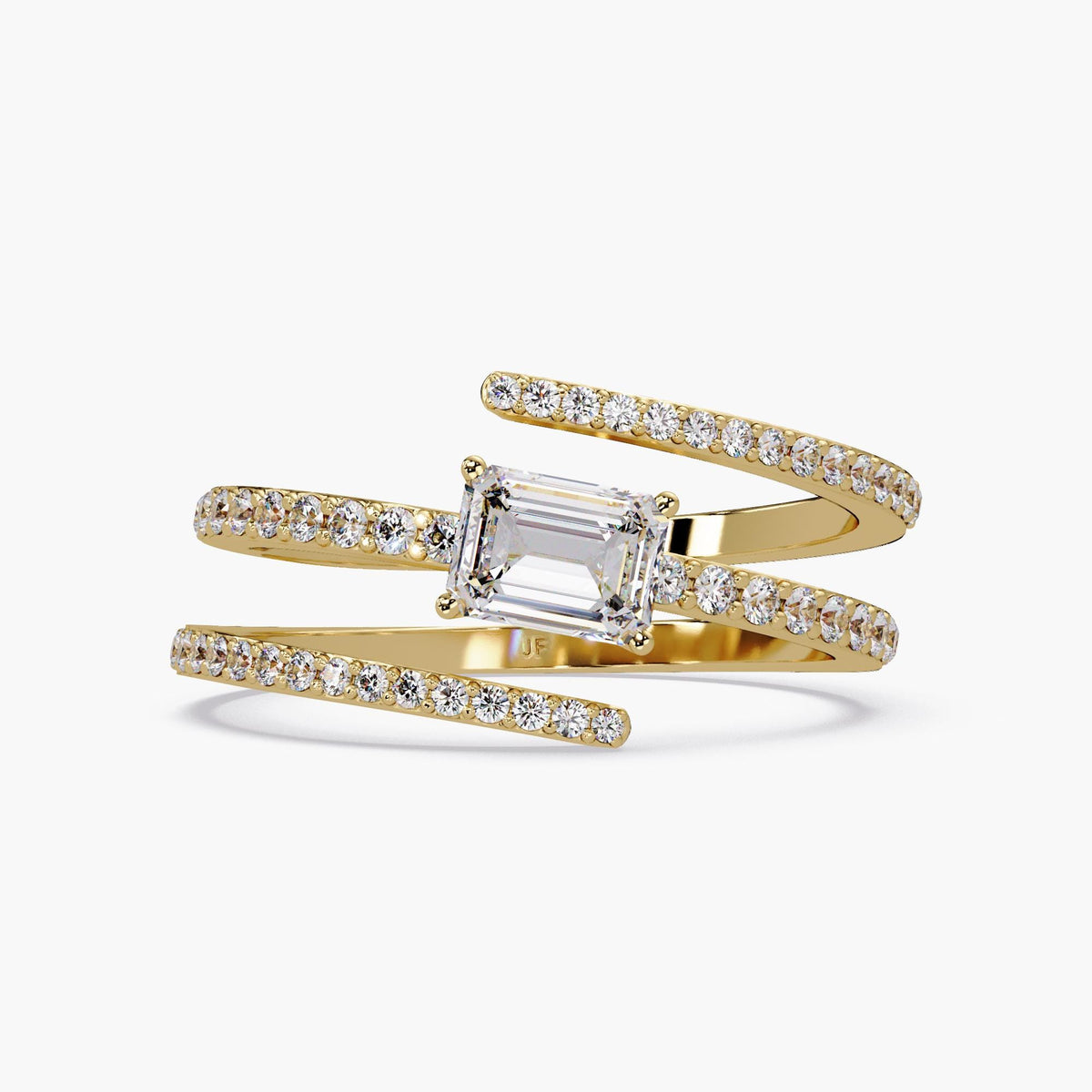 A 14K yellow gold wrap ring with a center emerald cut diamond and three rows of small round diamonds in a bypass setting. The open design wraps around the finger with sparkling pavé-set diamonds on each band. Excellent ring to wear as statement jewelry and on pointer finger