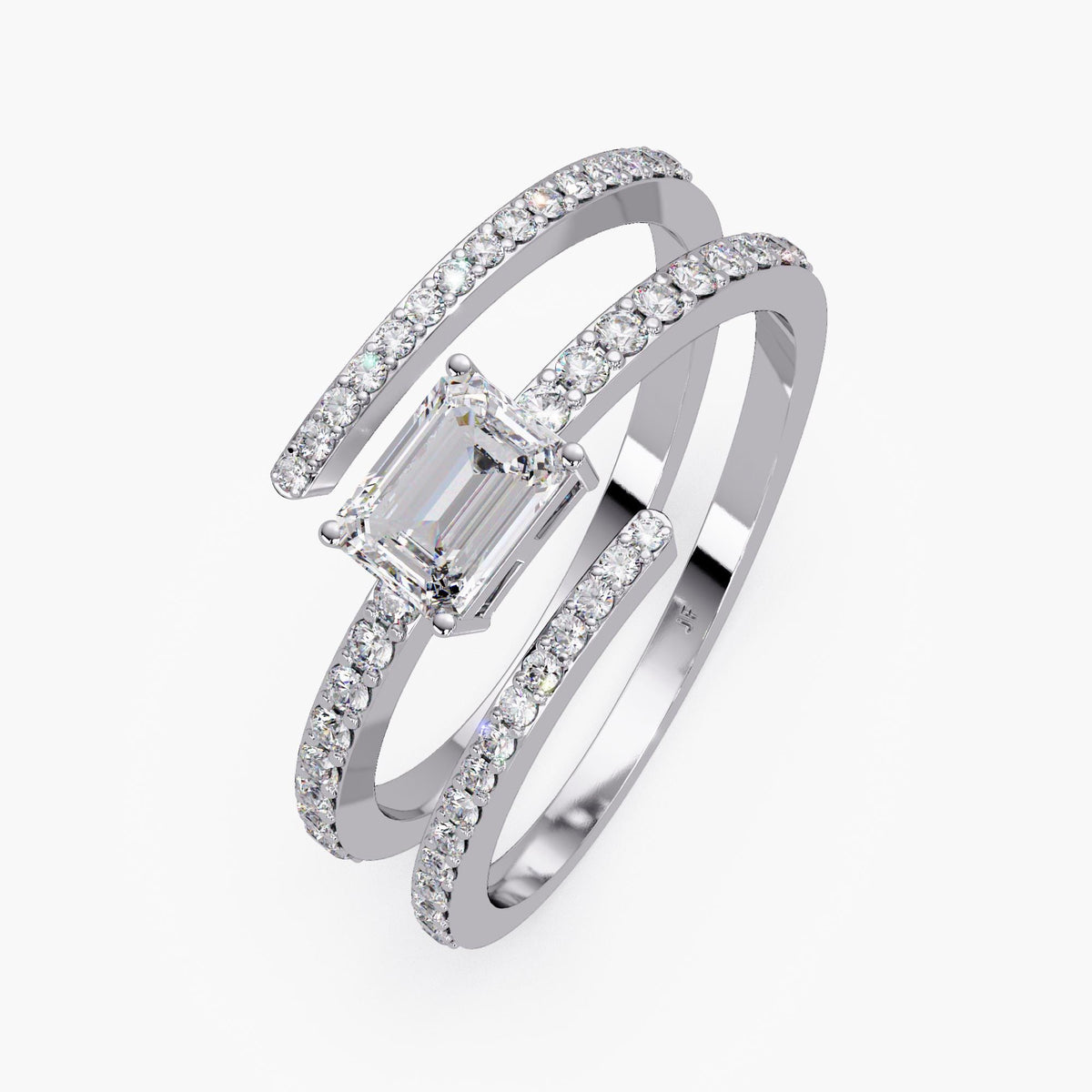 A 14K white gold wrap ring with a center emerald cut diamond and three rows of small round diamonds in a bypass setting. The open design wraps around the finger with sparkling pavé-set diamonds on each band. Excellent ring to wear as statement jewelry and on pointer finger