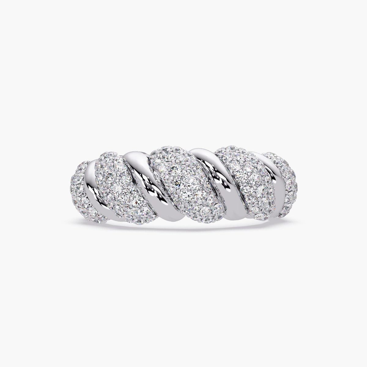 A 14k white gold croissant ring with pavé-set lab diamonds, featuring a chunky dome silhouette with twisted ridges of clustered diamonds and polished gold. A bold spiral statement ring perfect as a diamond cocktail ring or anniversary gift.