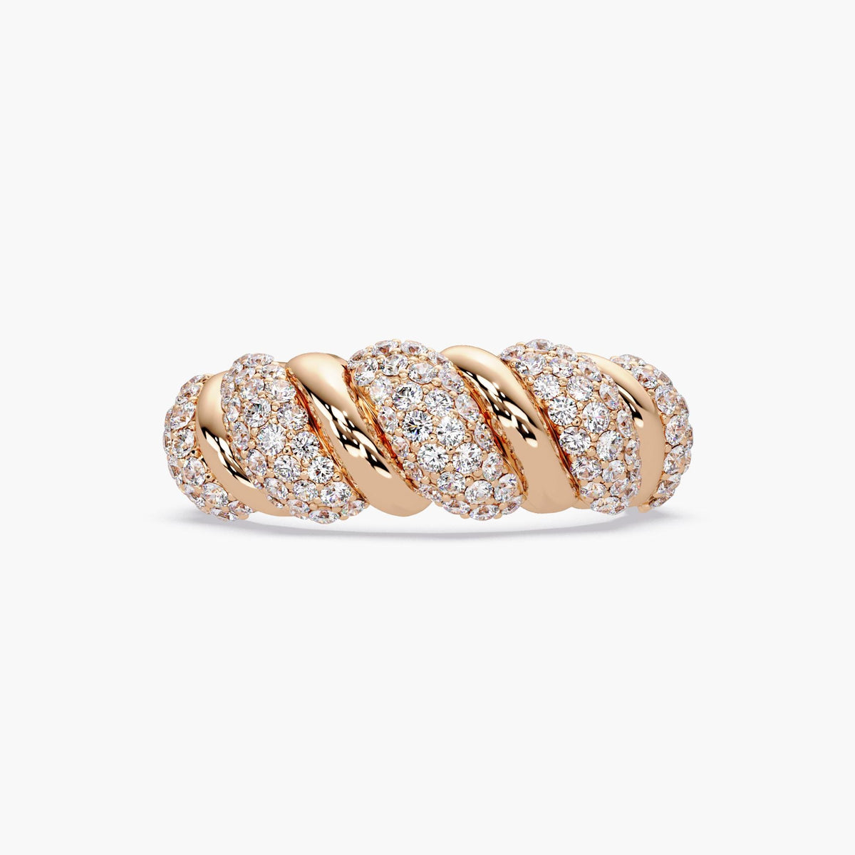 A 14k rose gold chunky dome ring with pavé-set lab diamonds, designed in a bold twisted rope style. This braided ring blends sparkle and polish, making it a standout statement ring or meaningful gift for wife, sister, or an anniversary occasion.