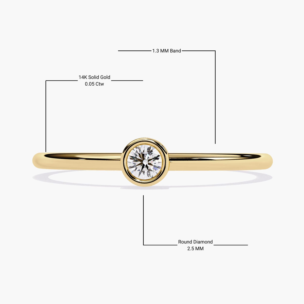 14k yellow gold bezel set solitaire ring with callouts showing a 2.5mm round natural diamond, 0.05 carat total weight, and a 1.3mm slim band.