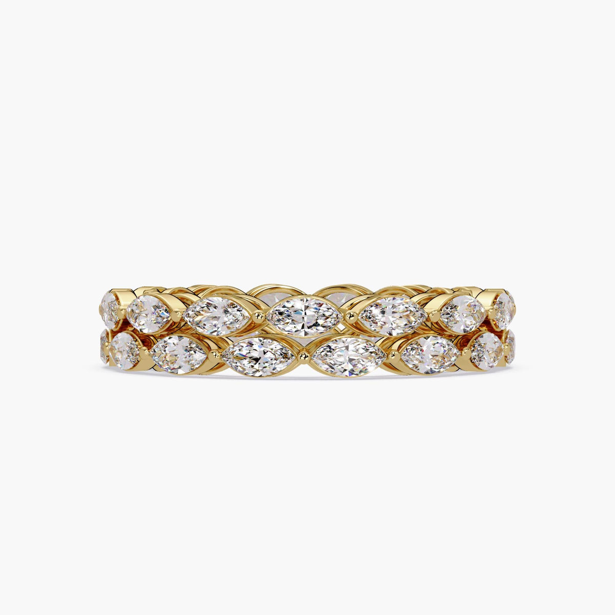 14k yellow gold ring featuring two stacked rows of marquise-cut lab grown diamonds. Each diamond is prong set in an east-west orientation, creating a repeating leaf-like pattern across the entire band. The diamonds are closely spaced, giving the ring a bold, continuous sparkle with minimal visible metal between the stones.