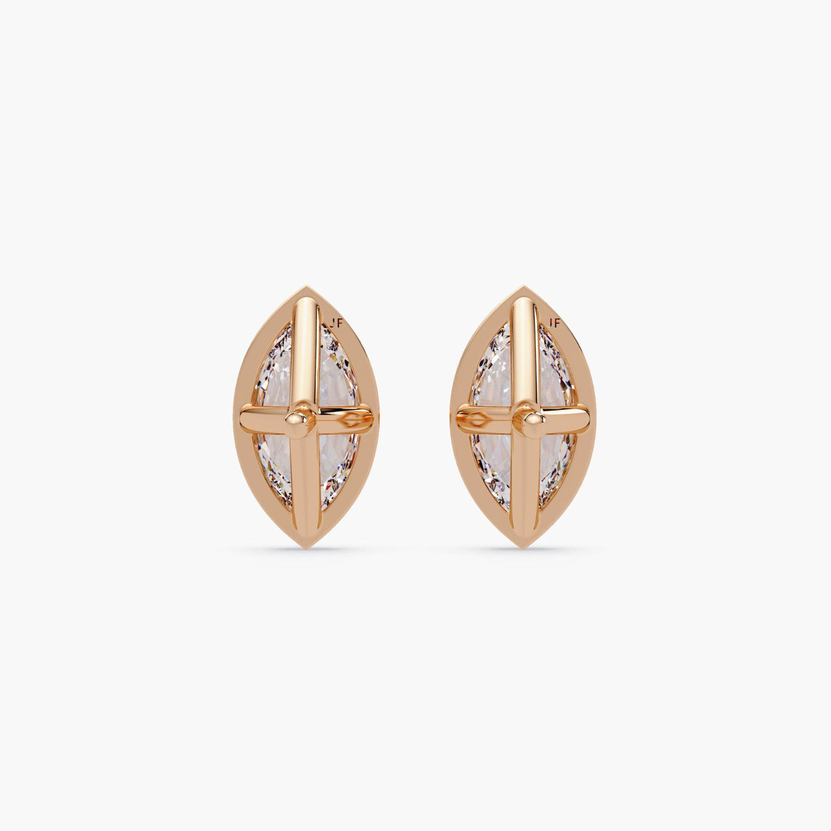 marquise cut lab grown diamond stud earrings in 14k rose gold. The bezel setting features an open gallery with a cross-style support and classic pushback posts for a secure and comfortable fit.