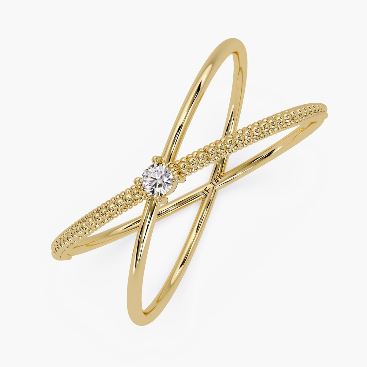 14k solid gold criss cross ring featuring a round natural diamond at the center, with one polished band crossing over a beaded gold band in an X-ring design.
