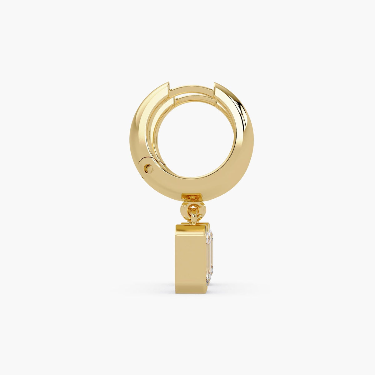 Side view of a 15mm 14K gold huggie hoop earring with leverback closure, featuring a bezel-set emerald cut lab-grown diamond charm. The minimalist teardrop design showcases the earring’s thickness, secure clasp mechanism, and modern geometric profile.