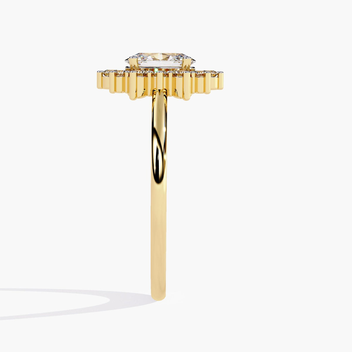 14k yellow gold ring with a raised 0.5 carat oval lab-grown diamond and a starburst-style halo. The ring features a thin 1.3mm band with a flat-edged basket setting.
