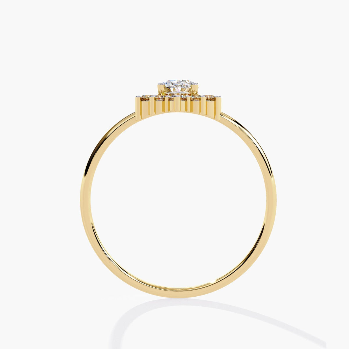 14K yellow gold oval halo ring showing the 1.3mm thin band and low-profile basket setting. The floral halo sits slightly elevated above the band with clean symmetry.