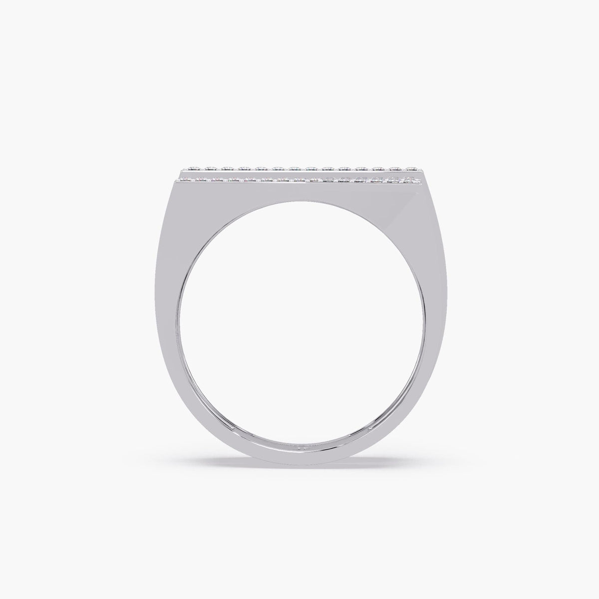 Side view of a 14K white gold NY initial ring. The ring has a flat, wide top with two rows of small round diamonds, set in a clean, structured band with a polished finish.
