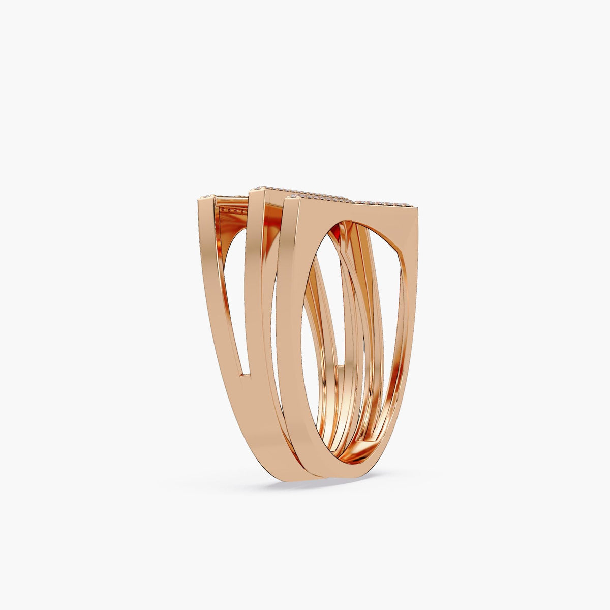 14K rose gold NY initial ring showing four structured bands joined at the base. The bands have wide, flat tops with small round diamonds set across the surface, forming the letters N and Y in a layered design.
