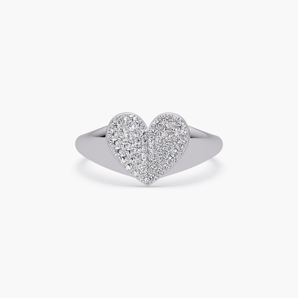 14K white gold heart ring with pavé-set natural diamonds on a flat sculpted heart. The solid band tapers gently toward the center.