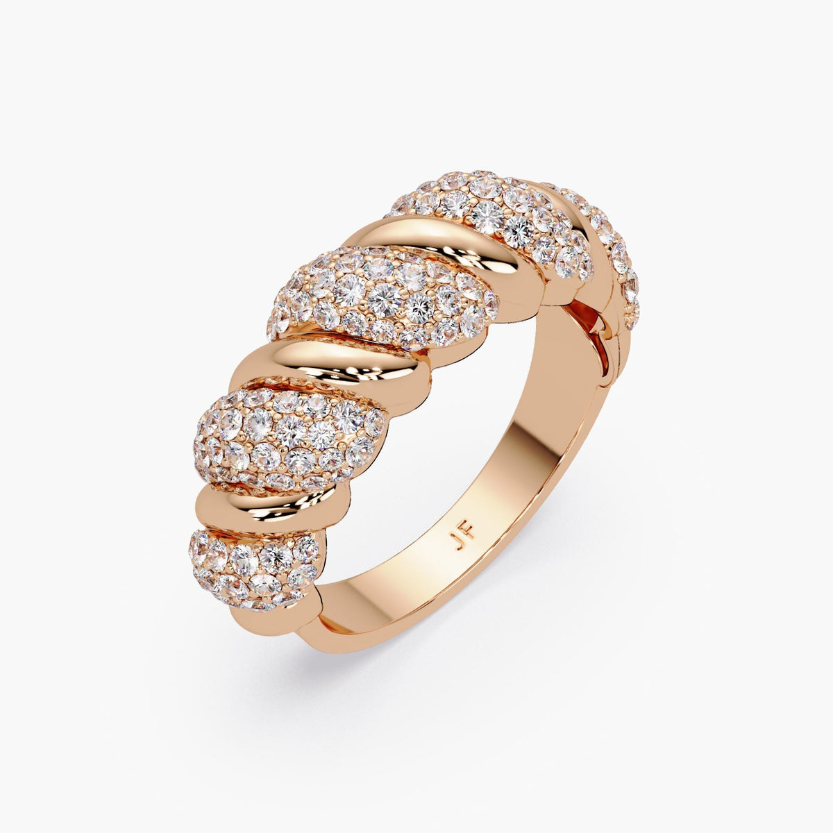 A 14k rose gold statement ring with pavé-set lab diamonds, shown at an angle to reveal the chunky twisted rope dome design and polished inner band engraved with “JF.” A bold braided ring perfect for birthdays, anniversaries, or gifting to wife or sister.