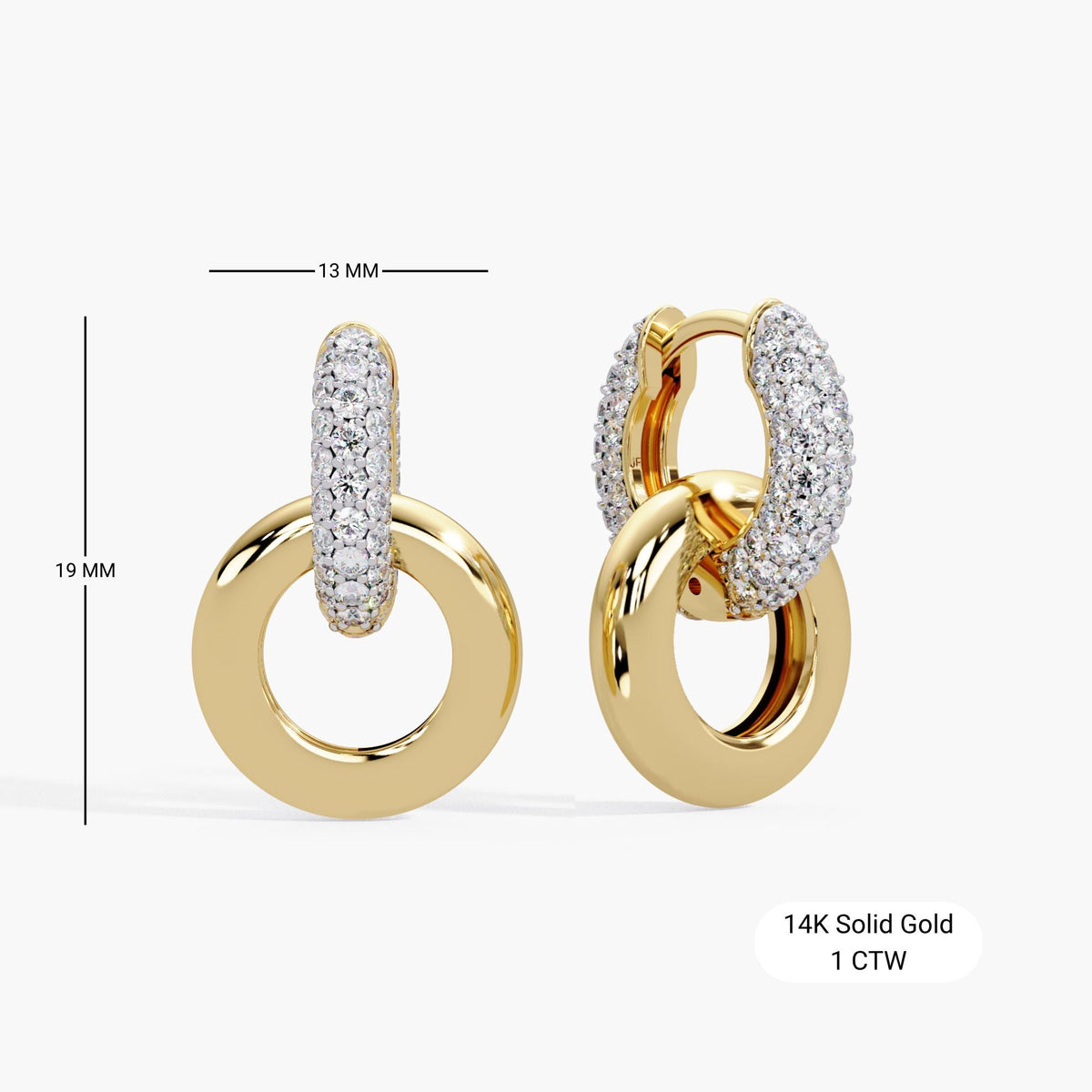 14K solid gold interlocking circle earrings with diamond pavé huggies and bold polished gold hoops, measuring 19mm in length and 13mm in width. The upper hoops are pavé-set with round brilliant lab-grown diamonds, totaling 1 carat. These convertible two-tone double hoop earrings feature a chunky 14kt tube-like design, perfect for shoppers searching for thick hoop earrings, statement dangle earrings, or modern 2 in 1 gold earrings. Ideal as a wedding or anniversary gift for her.