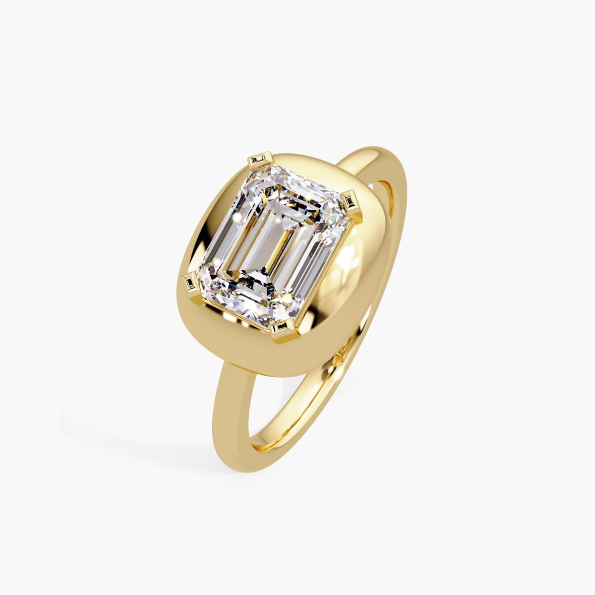 East-west emerald cut diamond bezel ring in 14K yellow gold with 1.60 carat IGI-certified lab diamond and a 2mm shank, bold dome design for modern engagement or statement wear. A meaningful gift for birthdays, anniversaries, or celebrating personal milestones.