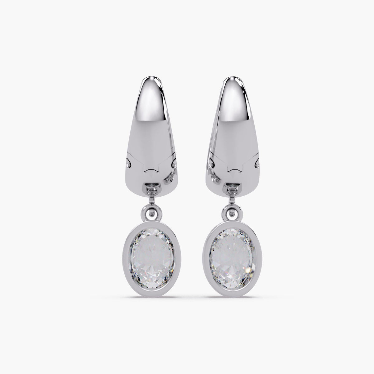 Back view of 14K white solid gold chunky hoop earrings with oval lab grown diamond drops, bezel set and 3 carat total weight. Drop earrings for women, suitable for parties, weddings, work outfits, or everyday use. Hinged full hoop with secure latch-back closure. Can be worn with formal or casual clothes. Common gift for birthdays, anniversaries, or bridal jewelry sets.