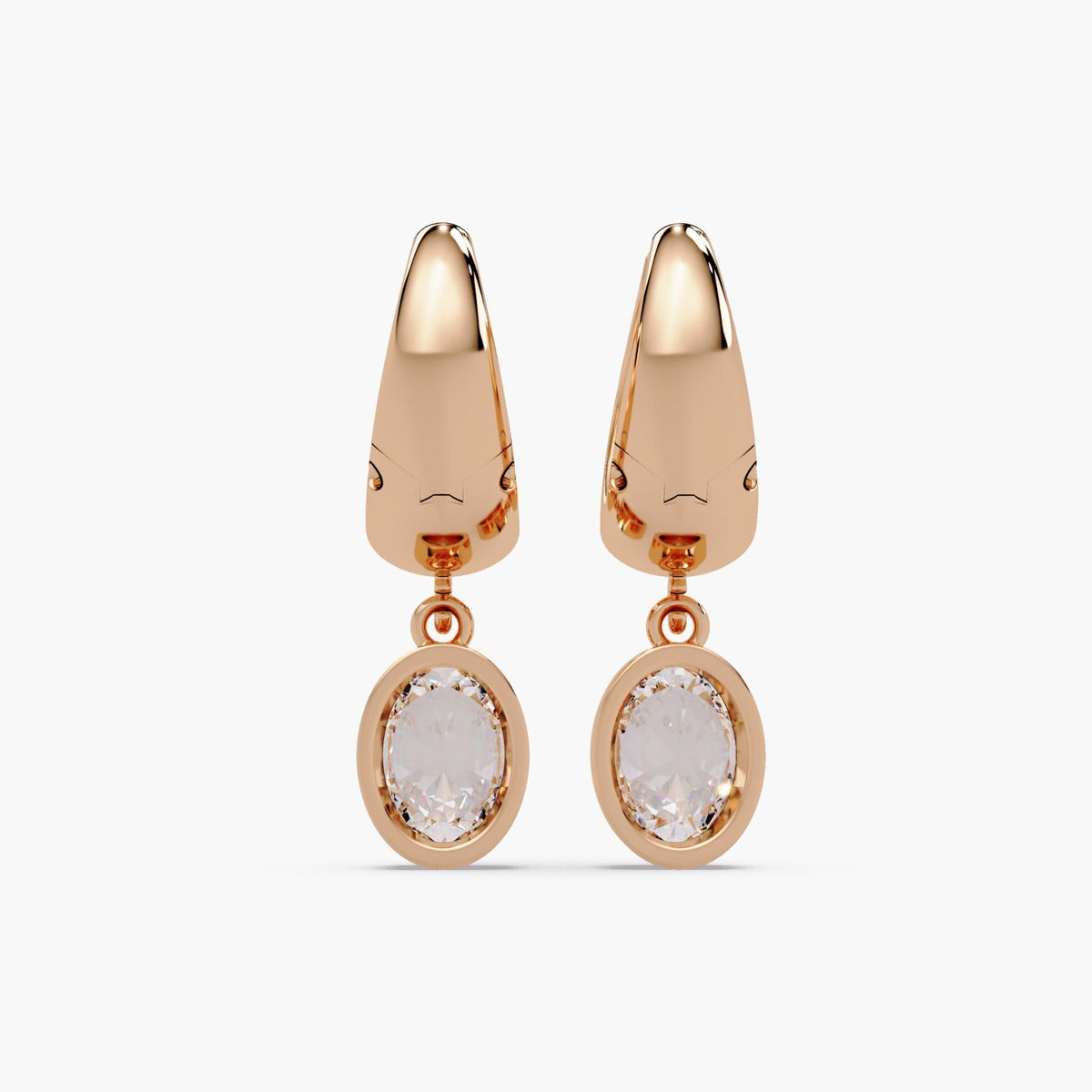 Back view of 14K rose gold chunky hoop earrings with oval lab grown diamond drops, bezel set and 3 carat total weight. Drop earrings for women, suitable for parties, weddings, work outfits, or everyday use. Hinged full hoop with secure latch-back closure. Can be worn with formal or casual clothes. Common gift for birthdays, anniversaries, or bridal jewelry sets.