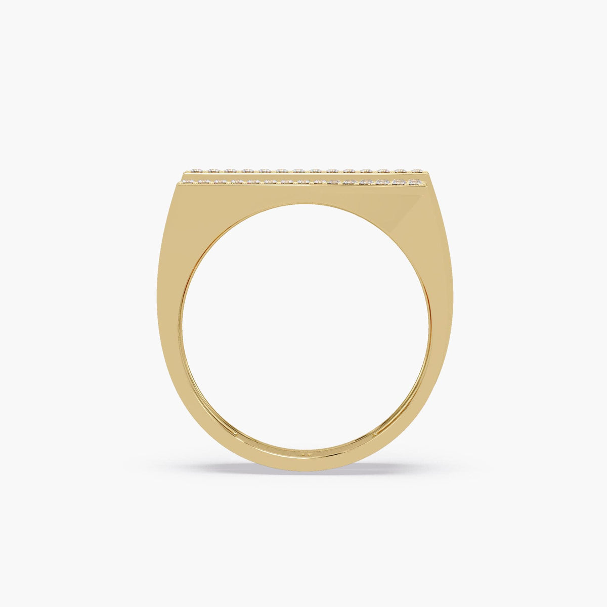 Side view of a gold ring with a wide, flat top. The top surface has two rows of small round white diamonds. The ring is made of polished 14K yellow gold with a thick, structured band.