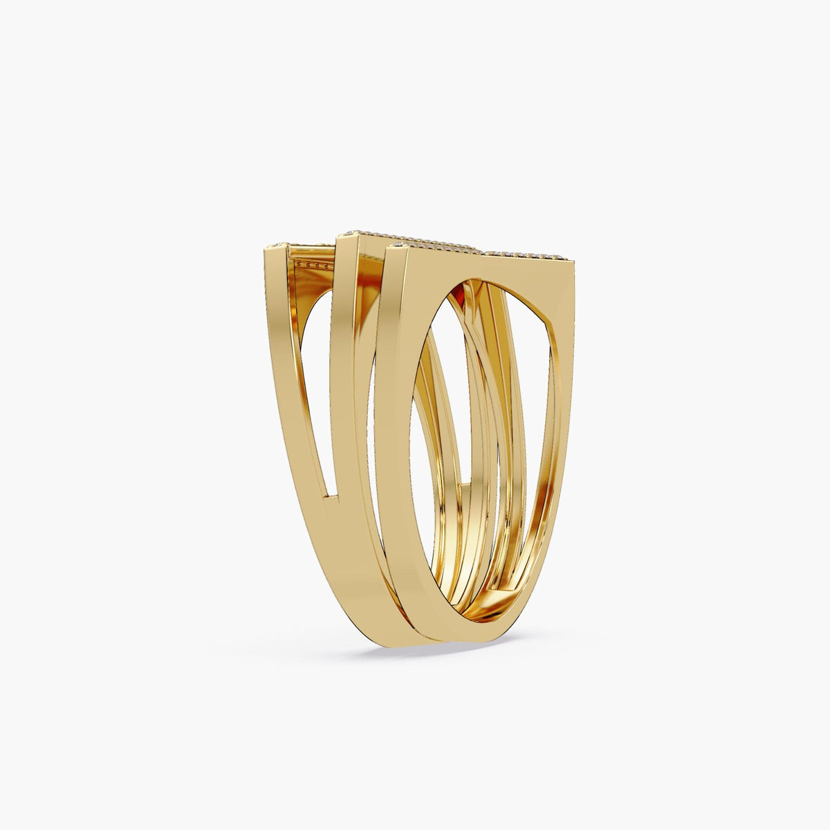 14K yellow gold ring showing four flat, parallel bands joined at the base. The top of each band is wide and flat, with small diamonds set in rows across the surface. The interior of the ring is open and polished.